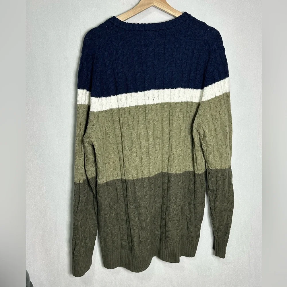Club Room Mens XL Cable Knit Sweater Colorblock Navy‎ Green White Crew Cotton